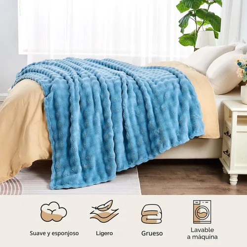 Miniatura 7 de Wajade - Manta de forro polar suave para sofá, 90x90 pulgadas, manta decorativa 3D de burbujas, manta de franela acogedora y ligera para cama y Azul