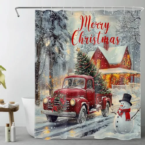 Miniatura 17 de LB Cortina de ducha de árbol de Navidad para baño, cortina de ducha abstracta de tela de pino nevado rosa y verde con ganchos, juego de cortina