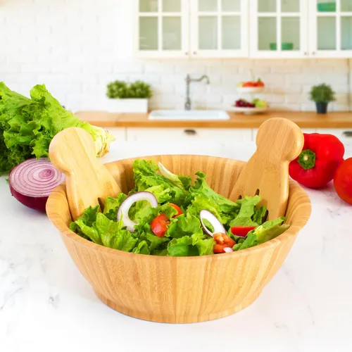 Miniatura 6 de Edward manos de ensalada, cubiertos para servir ensalada 100 % de bambú, manos para ensalada original, Paquete de 1, Amarillo