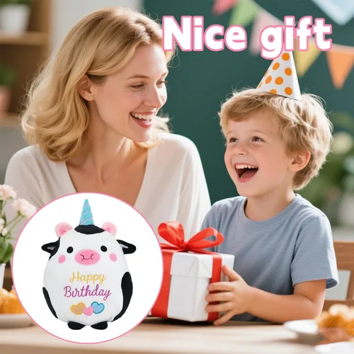 Miniatura 7 de Muñeca de peluche de vaca de 10 pulgadas, lindo animal de peluche de cumpleaños, suave almohada de peluche de vaca con sombrero de unicornio Kawaii