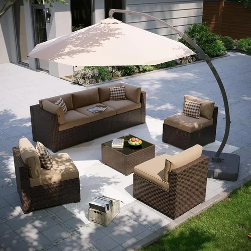Miniatura 23 de Aoxun Juego de muebles de patio, 7 piezas de sofás seccionales para exteriores con funda impermeable, mimbre de ratán para exteriores, juego