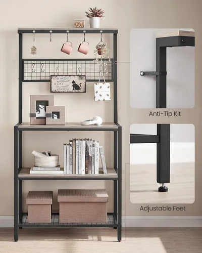 Miniatura 7 de VASAGLE Almacenamiento de cocina, estante para panaderos, barra de café, estante de 3 niveles, 6 ganchos en S, para microondas, tarros de especias