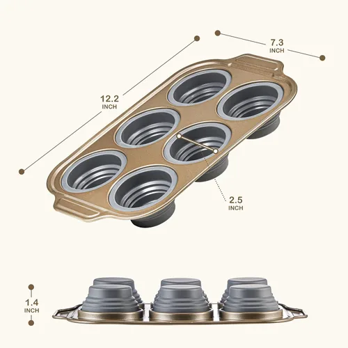 Miniatura 4 de Paquete de 2 moldes plegables de silicona antiadherentes, 6 tazas para hornear magdalenas, mordedura de huevo, brownies. Fácil de reventar