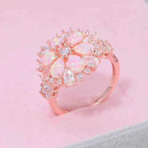 Miniatura 5 de CiNily Anillo de ópalo, chapado en oro rosa de 14 quilates, circonita cúbica de ópalo rosa, anillo de piedras preciosas para mujer, talla 5-12