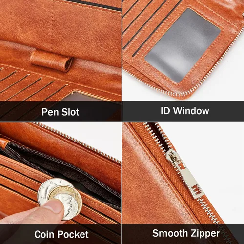 Miniatura 6 de BROMEN Cartera de cuero grande para mujer, soporte para teléfono con cremallera alrededor del bolso