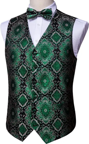 Miniatura 65 de Barry.Wang Conjunto de chaleco de pajarita para hombre, chaleco con cuello en V de seda jacquard de cachemira, gemelos de pañuelo formal/ocio, boda