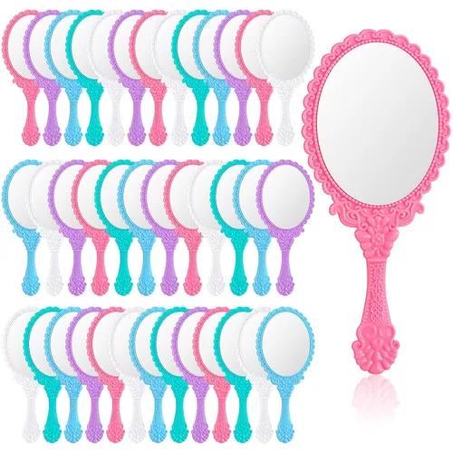 Miniatura 7 de Namalu 40 piezas de espejo de mano vintage pequeño en relieve, portátil, lindo espejo compacto con asa para mujeres, regalos de fiesta de San Negro