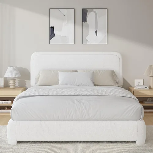 Miniatura 3 de Base de cama Queen de BarnFurin con cabecera, base de cama tapizada con plataforma de Boucle, esquinas redondeadas y lujosas, no requiere somier