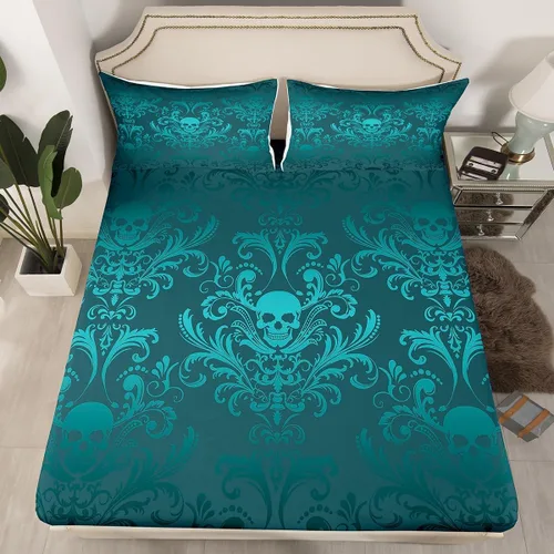 Miniatura 47 de Sábanas de cama góticas de damasco para adultos, sábana bajera ajustable victoriana antigua, sábanas góticas florales vintage, juego de ropa de cama