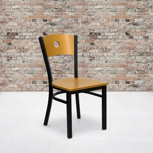 Miniatura 11 de Flash Furniture HERCULES Series Silla de restaurante de metal con respaldo circular negro, respaldo de madera natural, asiento de vinilo negro