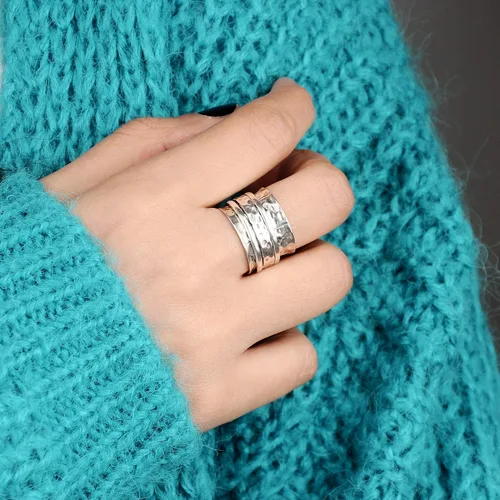 Miniatura 3 de Boho-Magic Anillo giratorio de plata de ley 925 para mujer, martillado ancho anillo para ansiedad, Metal