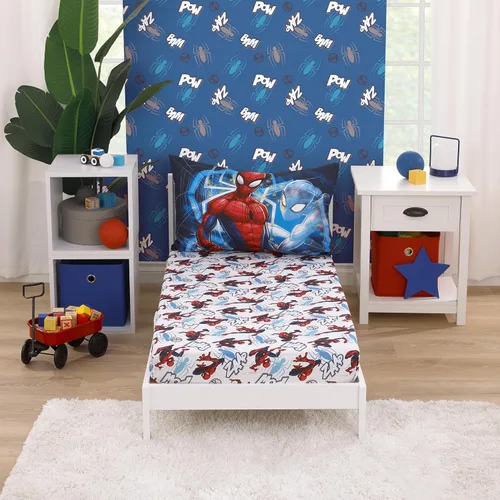 NoJo Marvel Spider-Man to The Rescue - Juego de sábanas de 2 piezas para niños pequeños, color rojo, blanco y azul, sábana bajera ajustable para