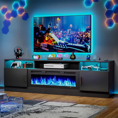 MXV - Soporte de TV con chimenea de 70 pulgadas con toma de corriente para televisores de hasta 80 pulgadas, centro de entretenimiento con chimenea