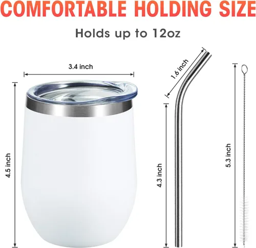 Miniatura 3 de COMOOO Vaso de vino de acero inoxidable de 12 onzas con tapa y popote, vaso de vino aislado, vaso de vino sin tallo para bebidas calientes y frías