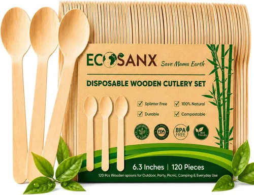 Miniatura 14 de ECOSANX® 120 piezas de tenedores de madera para comer de 16.5 cm libres de astillas, compostables, juego de cubiertos de madera ecológico