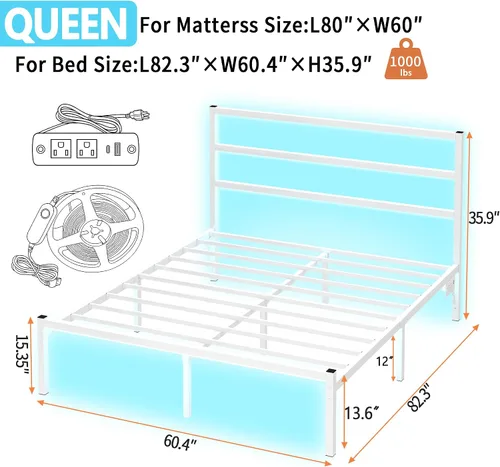 Miniatura 2 de CLIBFENG - Base de cama tamaño Queen con cabecera, listones de acero resistentes - Base de cama LED con estación de carga USB, base de colchón