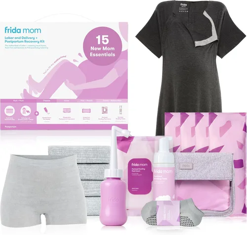 Frida Mom - Juego de regalo de 15 piezas para baby showers y futura mamá, incluye biberón, bata de lactancia, ropa interior desechable, almohadillas