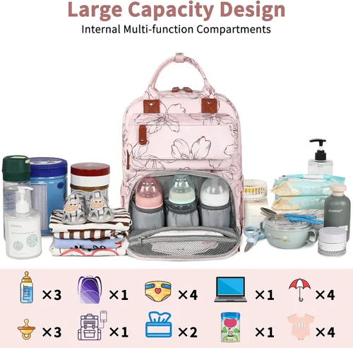 Miniatura 2 de Mochila para pañales, mochila grande para pañales con cambiador portátil, bolsas de pañales para niñas, mochila de viaje floral multifunción