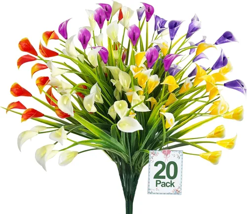 Miniatura 19 de TURNMEON 12 paquetes de flores artificiales de lirio de cala (240 cabezas), plantas falsas para exteriores, plantas falsas resistentes a los rayos