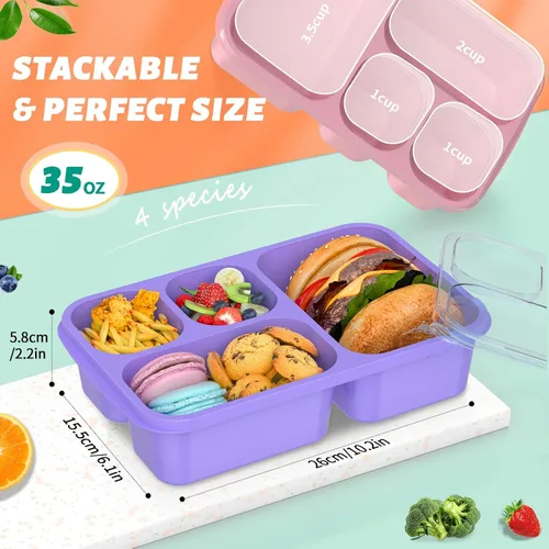 Miniatura 3 de Lonchera Bento – Paquete de 4 recipientes de preparación de comidas de 4 compartimentos, fiambrera para adultos, apta para microondas y lavavajillas
