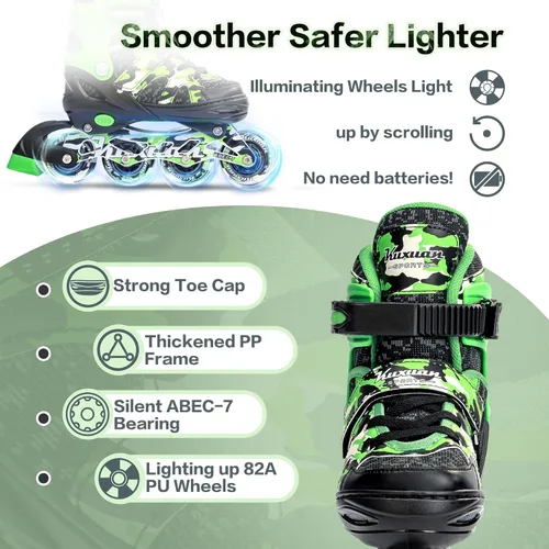 Miniatura 4 de Kuxuan Patines en línea ajustables para niños con ruedas iluminadas, divertidos patines iluminadores para niños, niñas y jóvenes Verde