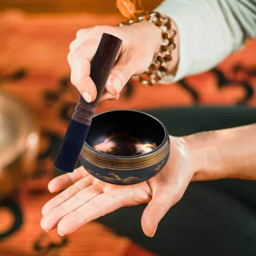 Miniatura 6 de DomeStar Juego de cuencos tibetanos cantores, auténtico juego de meditación hecho a mano para alivio del estrés, yoga con mazo y cojín para terapia