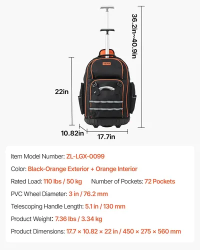 Miniatura 7 de VEVOR Mochila para herramientas rodantes, capacidad de carga de 110 libras, 72 bolsillos, bolsa de herramientas resistente sobre ruedas, mango