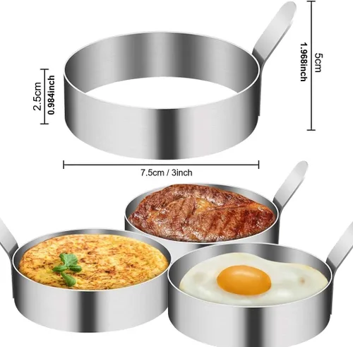 Miniatura 2 de Anillo grande para huevos de 3 pulgadas, paquete de 6 moldes antiadherentes de acero inoxidable para huevos fritos con cepillo de aceite y clips