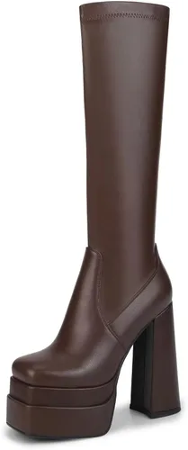 wetkiss Botas altas hasta la rodilla con plataforma apilada para mujer, tacón alto grueso, botas de piel sintética negra, punta cuadrada, cremallera