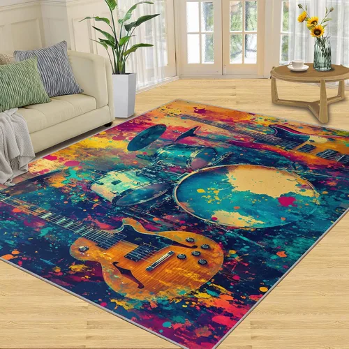 Miniatura 17 de Alfombra de guitarra, alfombra de 2 x 3 pies para entrada, alfombra de área musical, alfombra lavable de guitarra fresca para dormitorio, alfombra