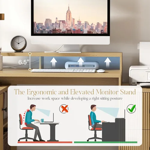 Miniatura 6 de 67" L Shaped Executive Desk with Drawers & Storage Shelf, Corner Computer Desk with Power Outlets, Home Office Desk with Monitor Stand, Printer