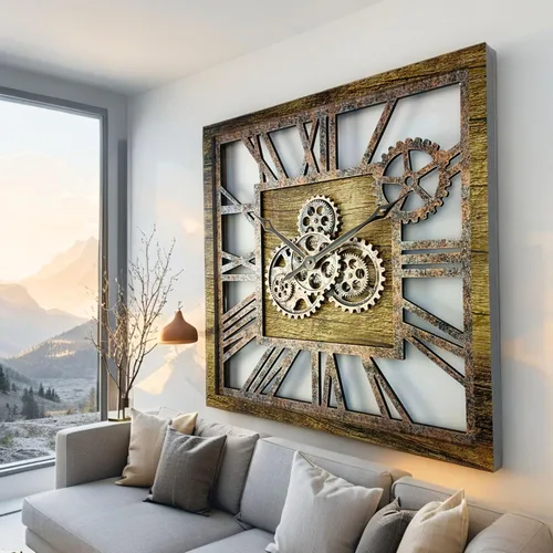 Miniatura 3 de ImprovingLife The Gears Clock - Reloj de pared cuadrado con engranaje móvil real de 24 pulgadas, estilo vintage, industrial, de gran tamaño, oro