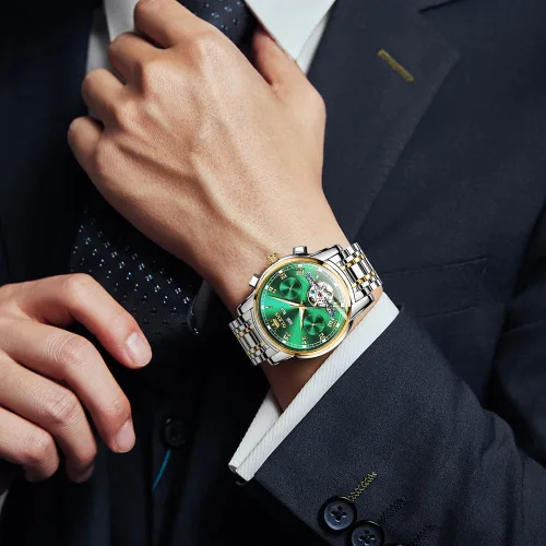 Miniatura 4 de OLEVS Relojes de cuerda automática para hombre, reloj mecánico automático Tourbillon de acero inoxidable con doble calendario, impermeable, luminoso