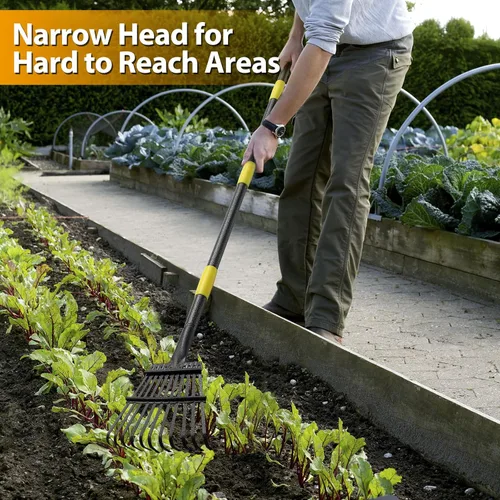 Miniatura 3 de Rastrillo de hojas de jardín para césped resistente, rastrillo de metal para patio con cabezal pequeño y estrecho de 9 pulgadas, mango largo