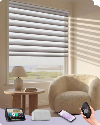 Miniatura 20 de Graywind Persianas motorizadas de cebra para ventanas, persianas inteligentes 100 % opacas con control remoto, persianas de cebra personalizadas