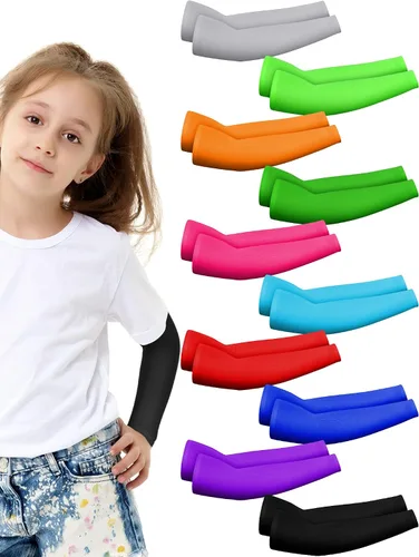 Miniatura 16 de Xuhal 10 pares de mangas de brazo para niños, jóvenes, baloncesto, fútbol, béisbol, protección UV, protección solar, compresión deportiva, cubierta