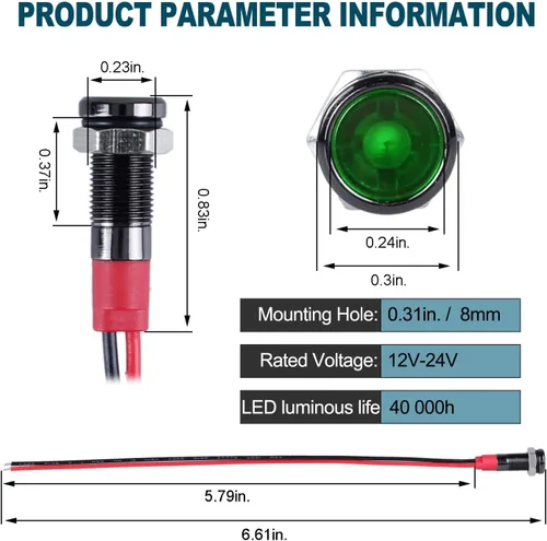 Miniatura 2 de 5 unidades de 0.236 in 12V-24V 20mA luz indicadora LED de metal de ahorro de energía, bisel cromado negro, orificio de montaje de 1/4 pulgadas