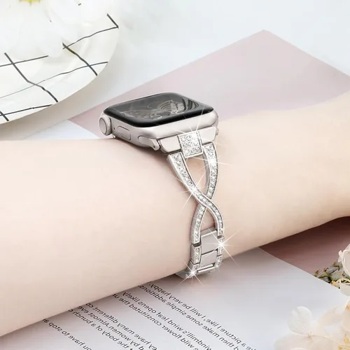 Miniatura 6 de Wipalor Dressy X - Correa para Apple Watch de 1.61, 1.57 y 1.49 pulgadas, para mujer, correa de metal con diamantes brillantes para mujer, correa