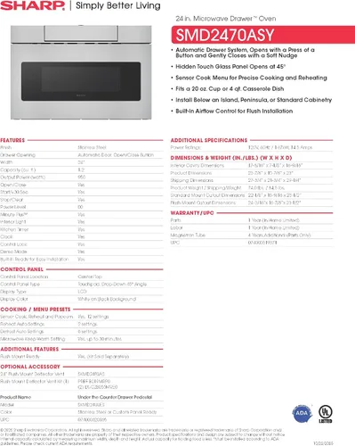 Miniatura 11 de Sharp, horno microondas SMD2470AS, de 24 pulgadas, 1,2 Cu. Pie de acero inoxidable