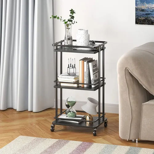 Miniatura 3 de XYZLVSI Carrito de barra de servicio rodante de 3 niveles, carrito de almacenamiento de isla de cocina de madera y metal con ruedas, estante