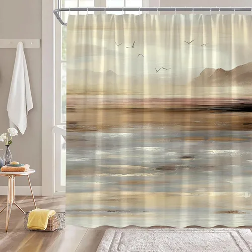 Miniatura 9 de Cortina de ducha abstracta de playa, océano, olas de mar, montaña, naturaleza, paisaje, pintura al óleo, cortina de decoración de baño con ganchos
