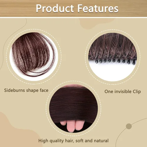 Miniatura 4 de 2 piezas de flequillo con clip de cabello humano real, flequillo falso con clip para el cabello para mujeres, flequillo tenue curvado con postizos