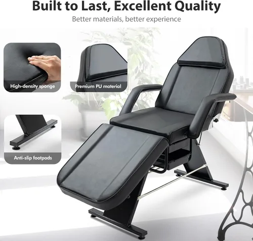 Miniatura 4 de Silla de tatuaje de salón de masaje con dos bandejas, cama esteticista con taburete hidráulico, mesa de cama facial multiusos de 3 secciones,