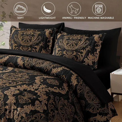 Miniatura 5 de WONGS BEDDING - Juego de edredón negro tamaño full, textura damasco dorado, juego de 7 piezas en una bolsa, de microfibra - 1 edredón, 1 sábana