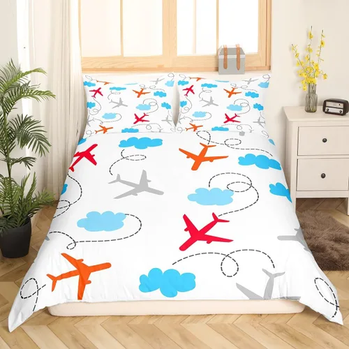 Miniatura 15 de Erosebridal Funda de edredón de avión tamaño individual, juego de ropa de cama de aviones de dibujos animados para adolescentes, color verde azulado