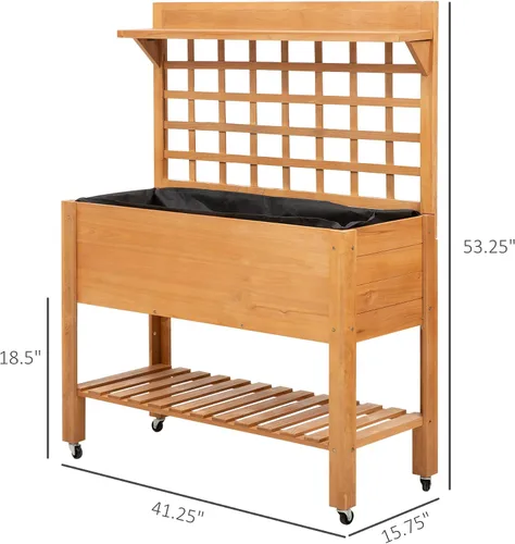 Miniatura 7 de Outsunny Cama de jardín elevada de 41 pulgadas con enrejado sobre ruedas, maceta elevada de madera con patas y forro de cama, para flores, hierbas