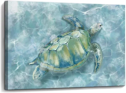 YJYart Decoración de pared de baño, diseño de tortuga marina HD en lienzo, arte de pared para dormitorio, cocina, decoración de habitación costera