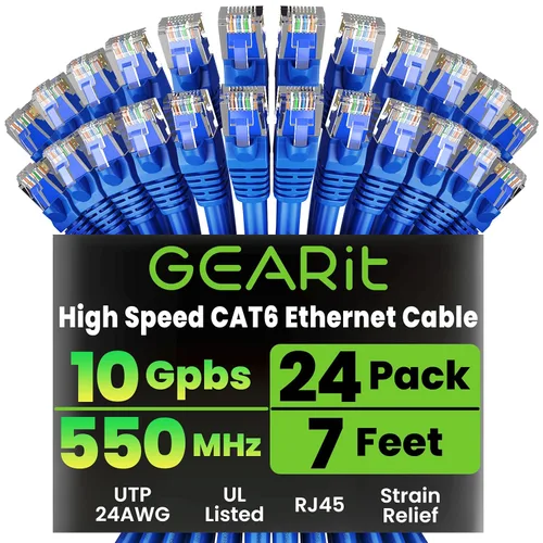 GEARit Paquete de Cable Ethernet Cat 6 - Paquete de 24 cables de conexión Ethernet Cat6 de 7 pies | Cable de conexión de red RJ45, conectores Azul