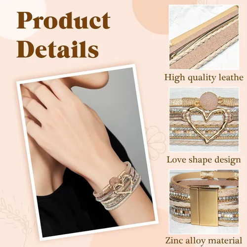 Miniatura 3 de 2 pulseras bohemias de cuero tejido multicapa con incrustaciones de diamantes de imitación en forma de corazón, apilables, joyería para mujer