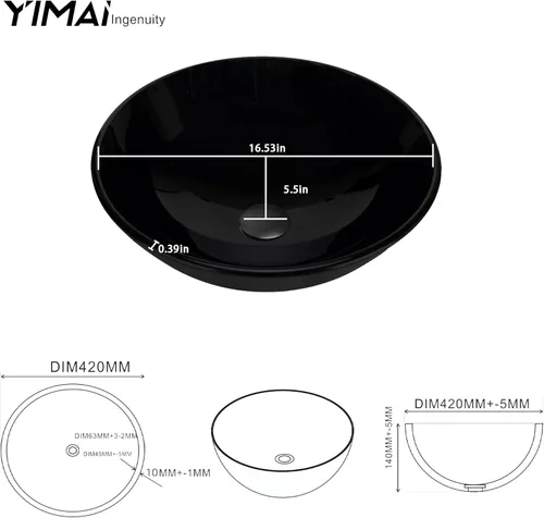 Miniatura 2 de YIMAI Lavabo de Vidrio Negro 16.5" x 16.5" x 5.5" – Vidrio Templado Sobre Encimera Lavabo Redondo para Baño Tazón de Encimera Lavabos Modernos